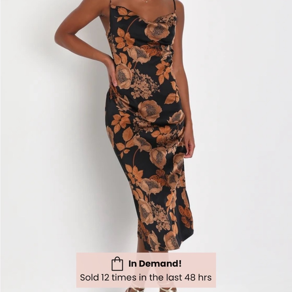 Lulus Favorite Icon Black Floral Satin Cowl Neck Slip Midi Dress XL NWT